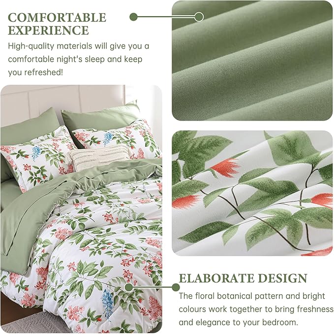 Green Comforter Set Queen Size Floral 7-Piece Bedding Set,Botanical Comforter Set with Pillowcases,Soft Microfiber Complete Bedding Sets for All Season