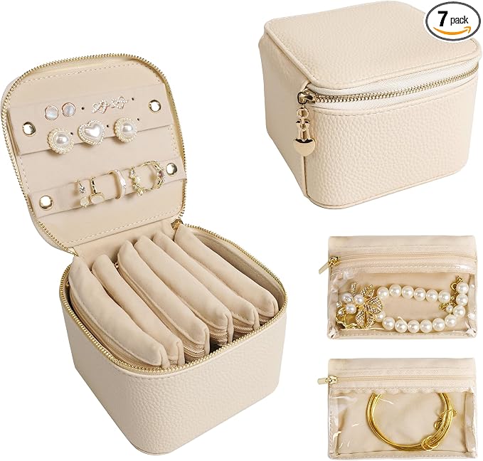 Travel Jewelry Case, Small Travel Jewelry Box with 6 Velvet Jewelry Bag Mini Pouch, Portable Travel Jewelry Organizer for Rings Earrings Necklaces, Beauty Gifts for Women Girls (Beige) by Unknown