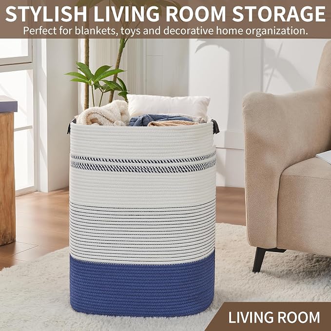 AINUOQI Large Laundry Basket - Tall Woven Rope Laundry Hamper with Leather Handles - Dirty Clothes hamper for Living room, Bedroom, 17" X 13.8" X 22", Dark Blue & White - Image 7