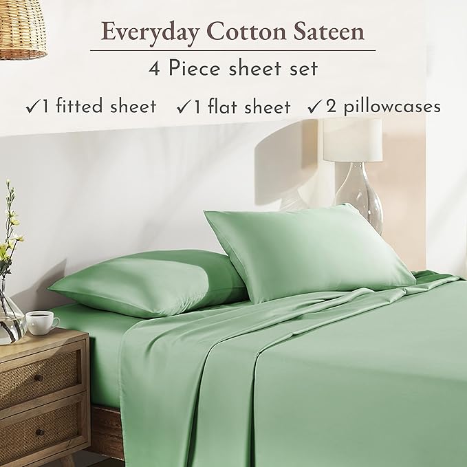 California Design Den Full Sheet Set - Natural 100% Cotton Sheets, Soft Sateen Weave, Fully Elasticized Deep Pockets, Breathable and Durable Bedding - Frosty Green