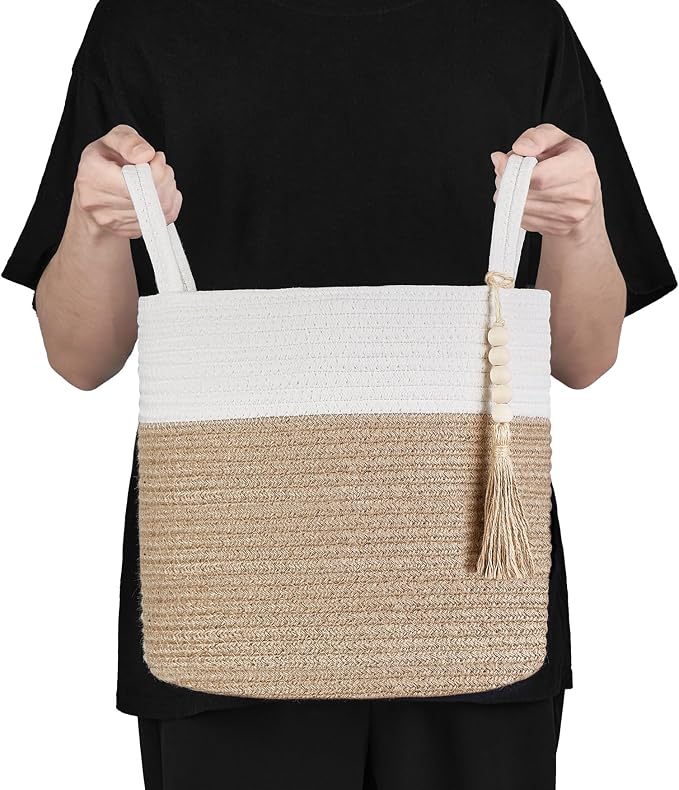 Mkono Woven Storage Basket Decorative Rope Basket Wooden Bead Decoration for Blankets,Toys,Clothes,Shoes,Plant Organizer Bin with Handles Living Room Home Decor, 11" W × 11" L, Cream White and Brown - Image 5