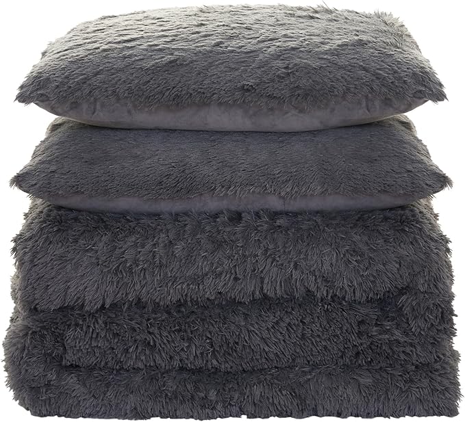 Twin Size Luxury Faux Fur Comforter Set - Soft & Breathable 5-Piece Bedding Collection - 1 Comforter, 1 Fitted Sheet, 1 Flat, 1 Pillowcase, 1 Pillow Sham - Deep Pocket - Premium Quality, Dark Gray