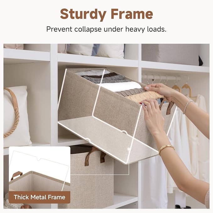 StorageWorks Storage Bins, Fabric Storage Bins for Shelves, Extra Large Storage Baskets with Metal Frame, Closet Baskets and Bins with Handles, Jumbo, Brown and Beige, 2-Pack - Image 4