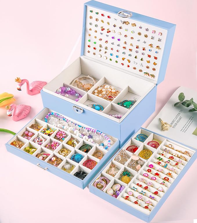 QBestry Earrings Jewelry Box for Girls, 5 Layers Jewelry Organizer with Earring Holder Organizer for Girls Earring Organizer Jewelry Boxes for Women Earrings and Necklaces Jewelry Box Organizer Blue - Image 3