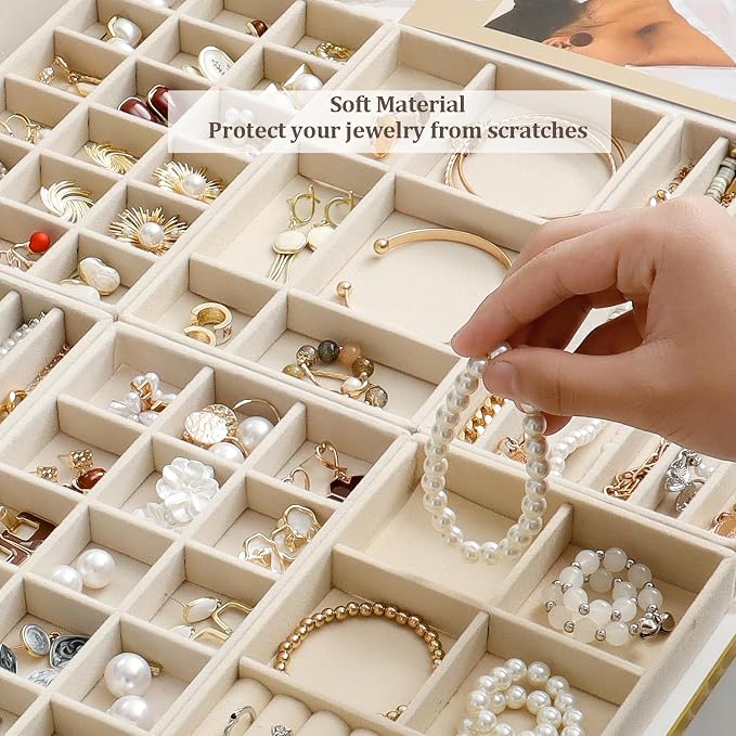Stackable Jewelry Organizer Trays Set of 9, Small Velvet Jewelry Organizers Earring Necklace Ring Bracelet Display Case Storage for Drawer Dresser (Beige) - Image 5