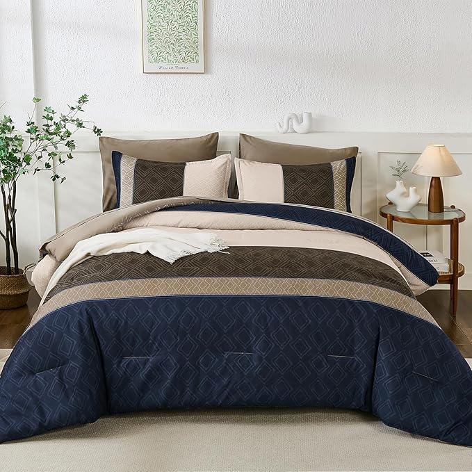 Dinjoy Boho Queen Comforter Set Navy Brown,7 Piece Bed in a Bag Queen Size Warm Striped Dark Blue Bedding Sets Plaid Fall Comforters Set with Sheets for Family All Season