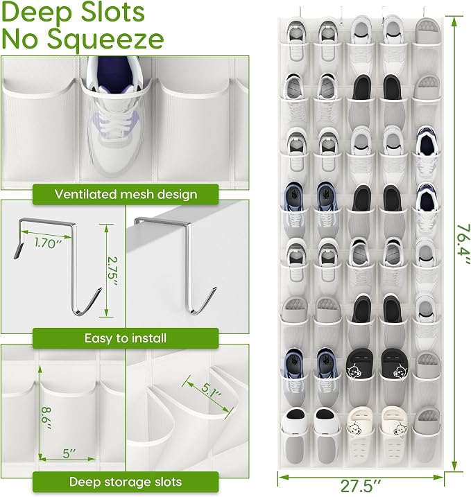 Unjumbly Over the Door Shoe Organizer with 40 Large Breathable Mesh Pockets, Space Saving Shoe Holder, Hanging Shoe Rack for Entryway Bedroom Closet Storage (White, 40 Pockets) - Image 2