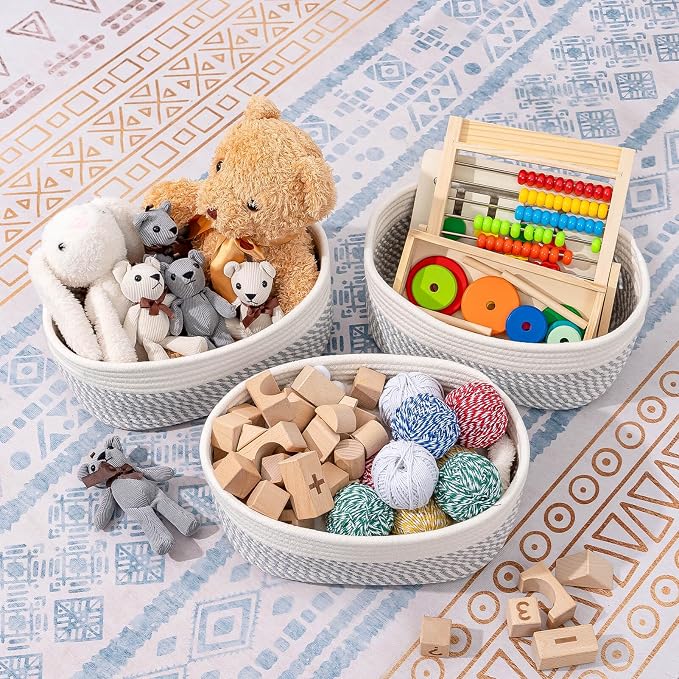 CubesLand Small Baskets, Storage Baskets for Organizing Shelves, Rectangular Woven Storage Basket Natural Cotton Rope Bins Closet Baby Nursery Empty Gifts Basket Off White/Mixed Gray - Image 3
