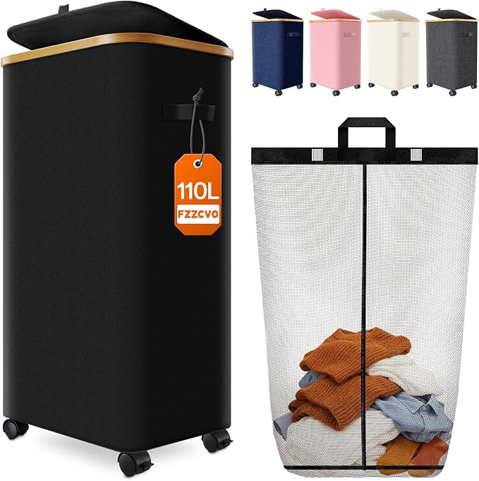 Laundry Hamper with Wheels, 110L Large Clothes Hamper with Removable Inner Bag, Collapsible Dirty Clothes Basket for Dorm, Rolling Dirty Clothes Basket for, Bedroom, Bathroom, Laundry Room by Fzzcvo