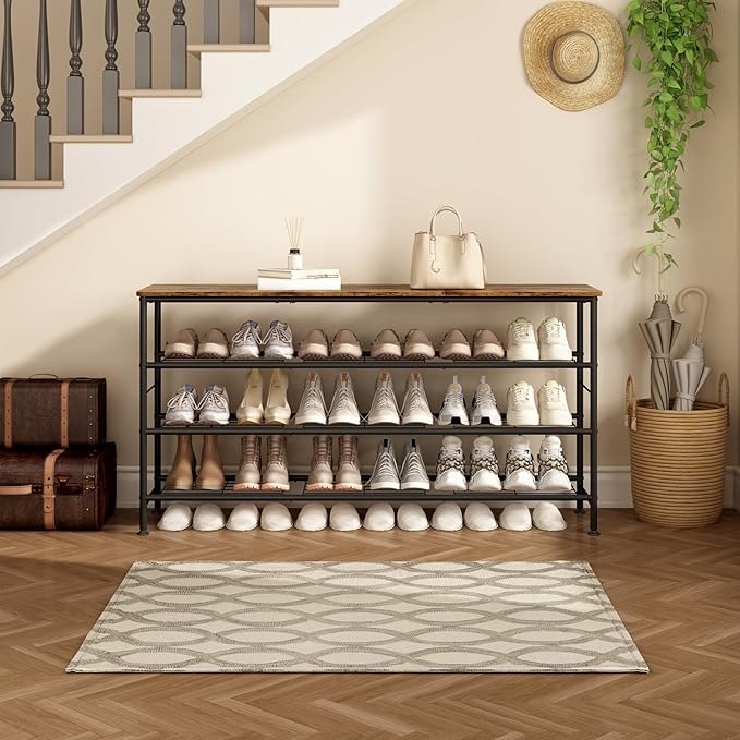 SUOERNUO Shoe Rack Organizer 4 Tier for Closet Entryway Free Standing Metal Storage Shoe Shelf with MDF Top Board (Black+Rustic Brown, Large 4 Tier) - Image 4