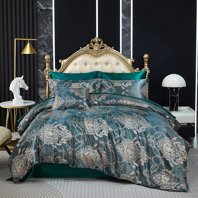 Green Jacquard Queen Comforter Set Sheet Set Elegant Bedding Set 8 Pcs Embroidery Neoclassical Floral Pattern Bed Home Decor Soft Down Comforter Luxury Hotel Silky Bed in a Bag with 1 Cushion Cover