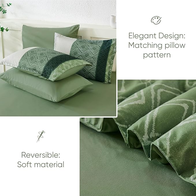 Dinjoy Queen Comforter Set Green, 7 Piece Boho Bed in a Bag Queen Size Striped Fall Bedding Sets Comforters with Plaid Bed Set with Sheets for Women Family