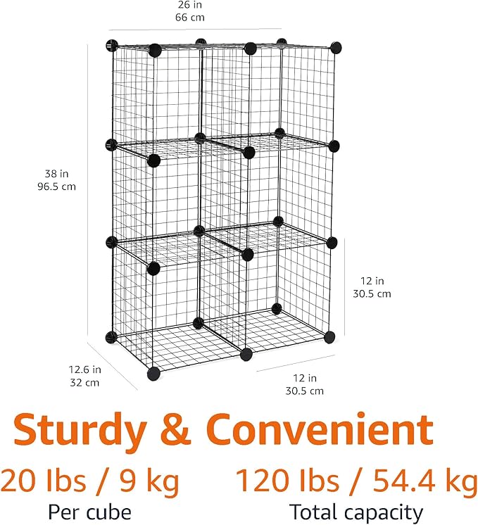 Amazon Basics 6-Cube Wire Grid Stackable Storage Organizer, Metal Shelving Unit, No-Tool Assembly, 26"W x 38"H x 12.6"D, Black - Image 2