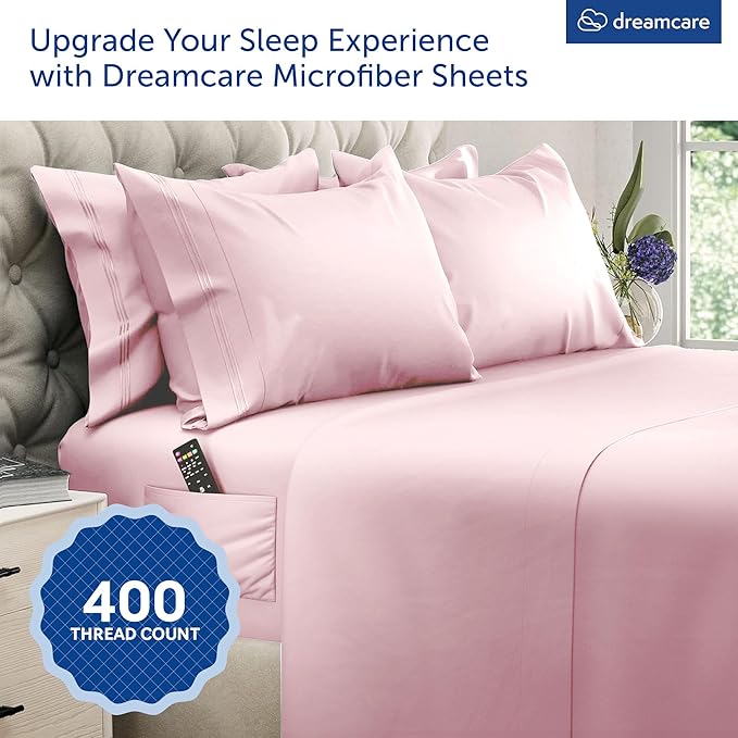 DREAMCARE Queen Sheet Set - 6 pcs Breathable Cooling Bed Sheets - up to 15" Deep Pocket Queen Sheets Set with Side Pockets - Extra Soft 100% Brushed Hypoallergenic Hotel Luxury Bedding - Pink