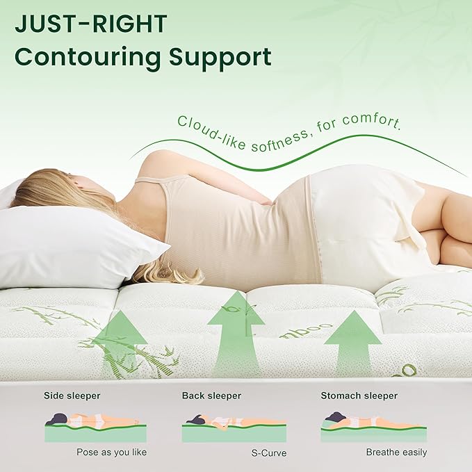 Love's cabin Queen Mattress Topper Viscose Derived from Bamboo, Thick Pillow Top Mattress Pad with Stretchable Pockets for 8"-20" Mattress, Breathable Cooling Mattress Topper for Hot Sleepers, Green