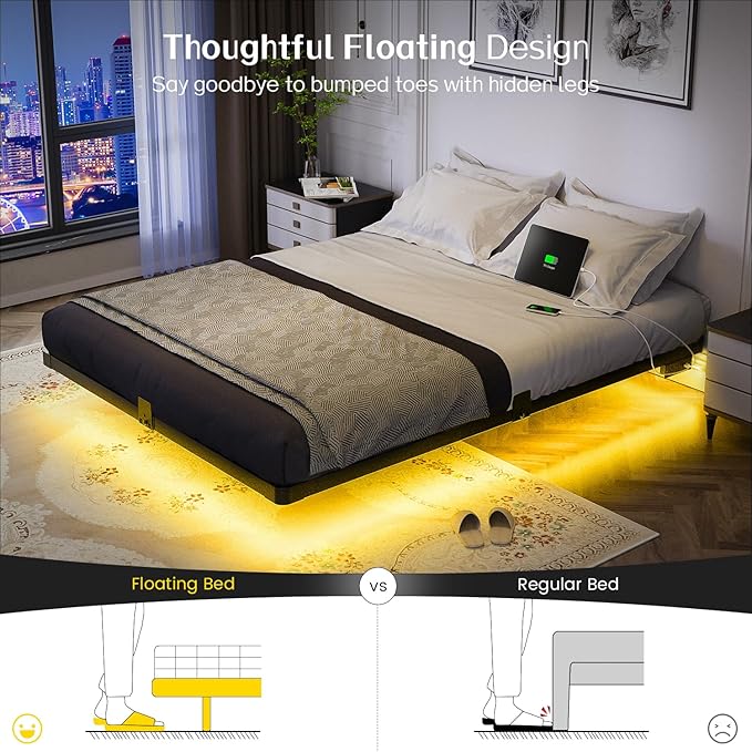 OLEVS Floating Bed Frame Queen Size with Smart LED Lights and Charging Station - Modern Metal Platform Bed, Easy Assembly No Box Spring Needed