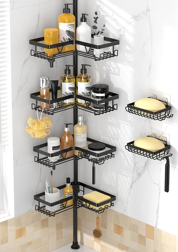 DAOYA Corner Shower Caddy - 4-Tier Shower Caddy Tension Pole with 2 Removable Soap holders Bathroom Shampoo Holder for Bathtub & Corner, Black, Floor to Ceiling 25-114.2 inch by DAOYA