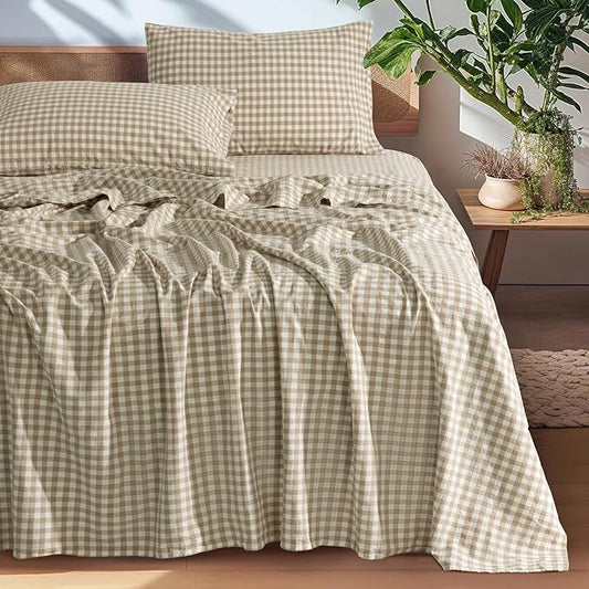 SONORO KATE 100% French Pure Linen Sheets, Breathable and Durable Linen Queen Size Sheets, Anti-Tear Bed Sheets, Machine Washable, 16 Inch Deep Pocket - 4 Piece (Linen & White Plaid)