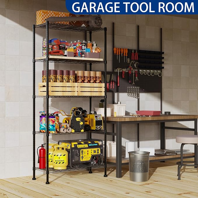 REGILLER 5-Wire Shelving Metal Storage Rack Adjustable Shelves,Standing Storage Shelf Units for Laundry Bathroom Kitchen Pantry Closet(Black,14.1" D x 30" W x 79" H) - Image 4