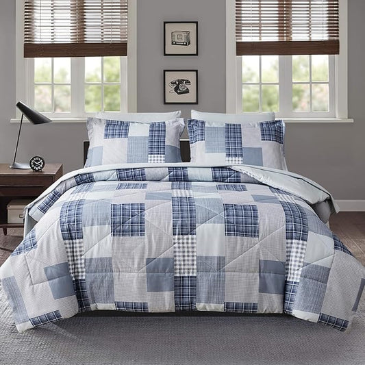 Comforter Set King Size Plaid Patchwork Comforter Bedding-7 Piece Bed in a Bag,Soft Fluffy Reversible Microfiber Bedding Set(1 Comforter,1 Flat Sheet,1 Fitted Sheet,2 Pillowcases,2 Pillow Shams),Blue