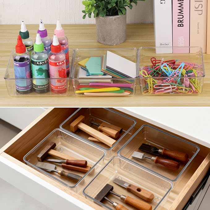 Ohlove 6 Pcs Large Clear Plastic Drawer Organizers Tray 6" x 6" Storage Bins with 25 Pcs Non-Slip Pads for Makeup, Jewelries, Kitchen Utensils, Bathroom and Office - Image 5