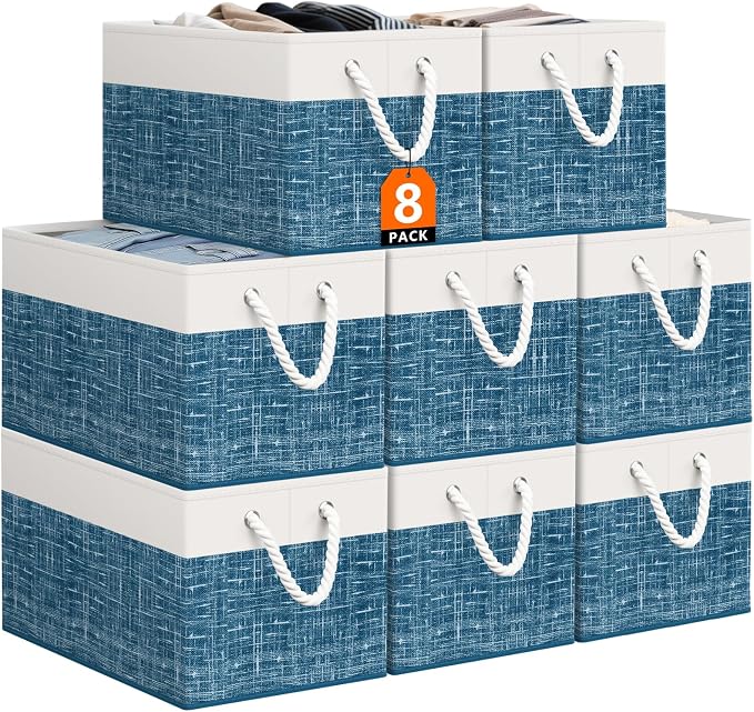 StorageTastic Storage Bin,Collapsible Storage Basket For Organizing,Large Storage Boxes With Rope Handles,Storage Containers,White & Blue,8 Pack by StorageTastic