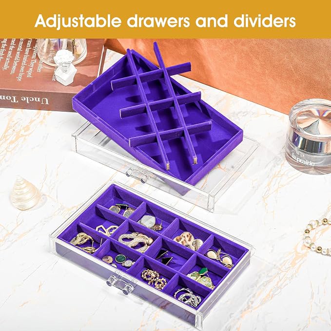 ProCase Earring Holder Organizer Jewelry Box with 10 Drawers, Acrylic Clear Earring Case with Adjustable Velvet Trays for Women - Purple,10 Layers - Image 2