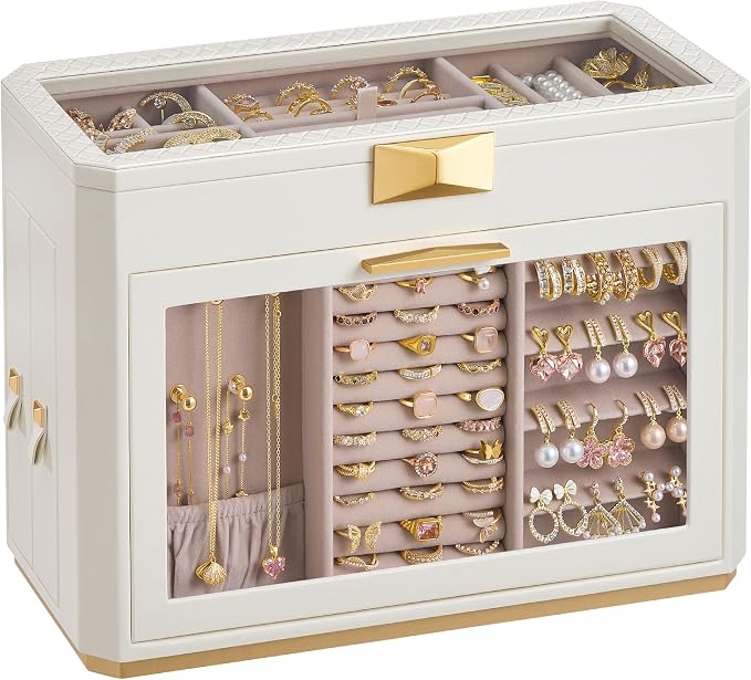 SONGMICS HOME Large Jewelry Box, Vertical Jewelry Organizer with Glass Windows, Jewelry Pouch, 4 Side Drawers, Woven Embossed PU Leather, Gift Idea, Cloud White UJBC203W01 by SONGMICSHOME