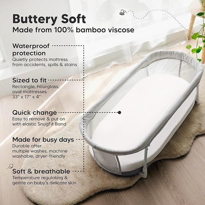 2-Pack Waterproof Bassinet Sheets Boy, Girl - 33x17 Baby Bassinet Mattress Protector Cover, Viscose Derived from Bamboo, Compatible with Graco, Baby Delight, Halo Bassinest Swivel Sleeper (Soft White)