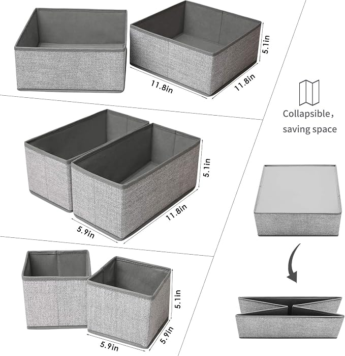 Criusia Foldable Underwear Drawer Organizer, Closet Dividers, Storage Box for Clothes, Socks (6 Bins, Gray) (Pack of 2) - Image 4