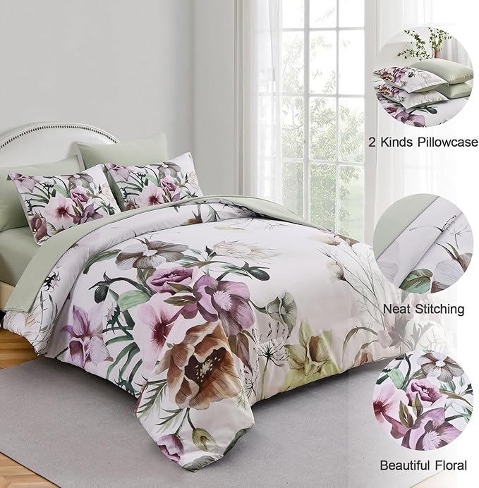 Luxudecor Floral Comforter Set Queen Size 7 Piece, Green Flower Bed in a Bag, Elegant Floral Comforter with Sheet Set, Soft Microfiber Bedding Set for All Season (Green, 90"x90")