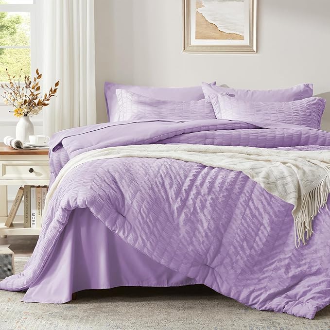 Zzlpp Twin Comforter Set 5 Pieces, Light Purple Seersucker Bed in a Bag with Comforter and Pillowcase, All Season Bedding Sets with 1 Comforter, 1 Pillow Sham, 1 Flat Sheet, 1 Fitted Sheet