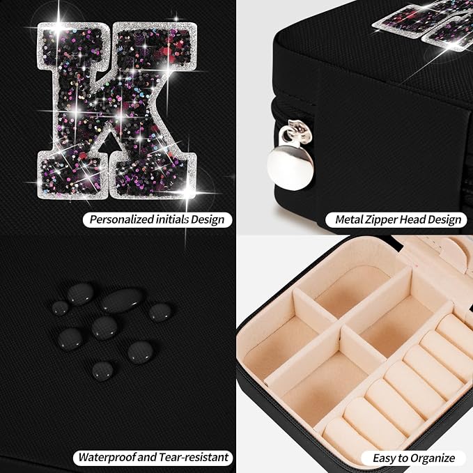Uygafly Travel Jewelry Case - Personalized Jewelry Box for Women,Small Jewelry Organizer Cute Jewelry Organizers and Storage Aesthetic,Travel Essentials Birthday Gifts for Girls Women | Black,K - Image 4