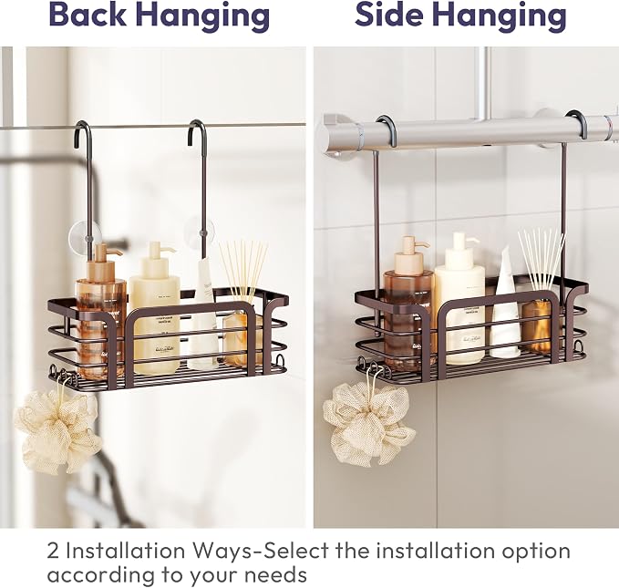 SWTYMIKI Shower Caddy Hanging Organizer - Over the Door Shower Caddy with 6 Hooks, 2 Installation Ways, Stainless Steel Rustproof Bathroom Organizer, Bronze - Image 3