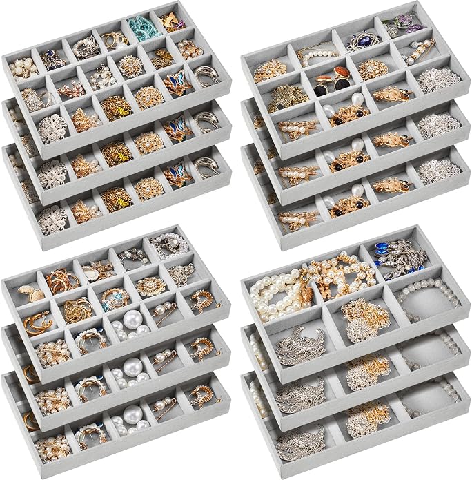 Junkin 12 Pcs Jewelry Tray Velvet Stackable Jewelry Organizer Trays Divided Earring Accessories Storage Containers Box (Rose Red) by Junkin