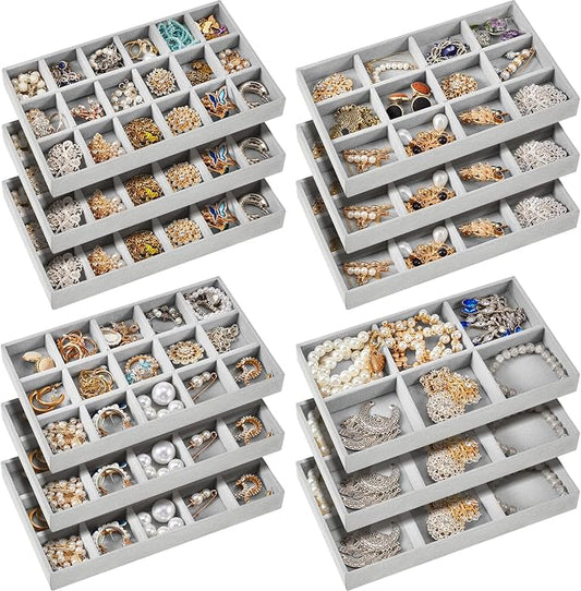 Junkin 12 Pcs Jewelry Tray Velvet Stackable Jewelry Organizer Trays Divided Earring Accessories Storage Containers Box (Rose Red) by Junkin