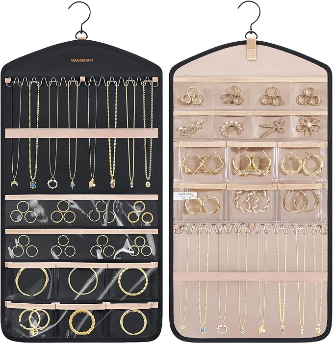 BAGSMART Hanging Jewelry Organizer with Hanger Metal Hooks Double-Sided Jewelry Holder for Organizing Earrings Necklaces Rings Perfect for in Hanging Closet, Wall, Door, 1 Piece, M, Black by BAGSMART