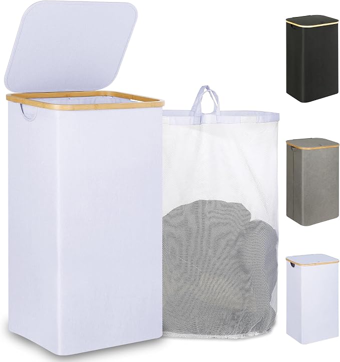 iEGrow 110L Laundry Hamper with Lid，Dirty Clothes Hampers for Laundry,Laundry Basket with Bamboo Handles and Removable Bag,Hamper for Bedroom, Bathroom, Dorm, Laundry Room, White by iEGrow