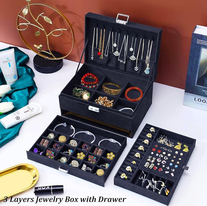 QBestry Jewelry Box for Women with Drawer, 3-Layer Large Jewelry Organizer with Lock & Key, 8 Necklace Hooks & 56 Earring Holes, Black Velvet Jewelry Storage Box for Necklaces Earrings Rings Bracelets - Image 2