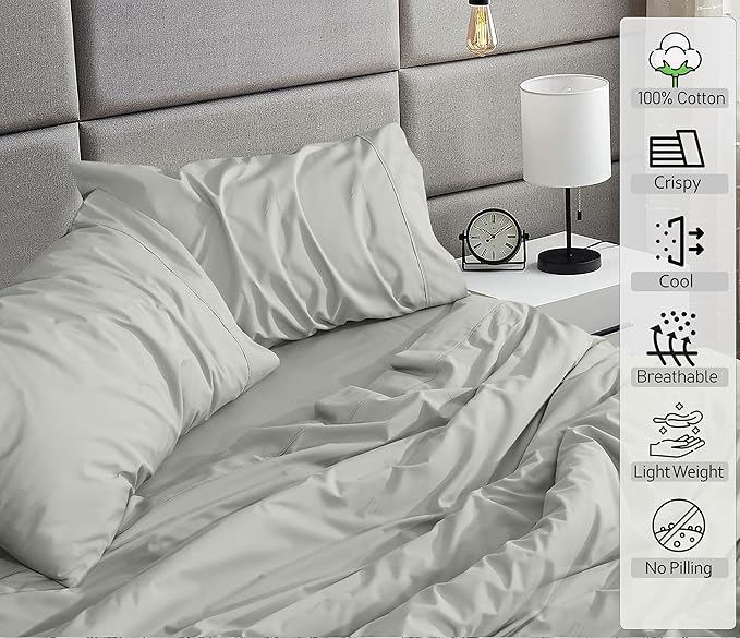 RUVANTI 100% Cotton Sheets – Twin XL Size Percale Bedding, Cooling & Breathable, Durable with a Crisp, Soft & Comfortable Feel, 16" Deep Pocket, 3-Piece Set, Silver