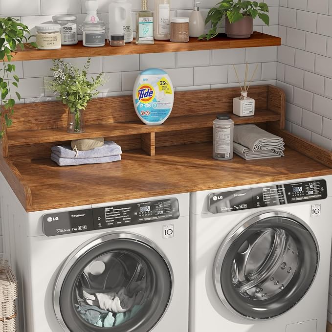 2-Tier Washer Dryer Countertop with 2.75" H Edge Rails, 58" W x 28" D Laundry Countertop for Folding Clothes, Washer and Dryer Topper with Non-Slip Pad (Brown) - Image 2