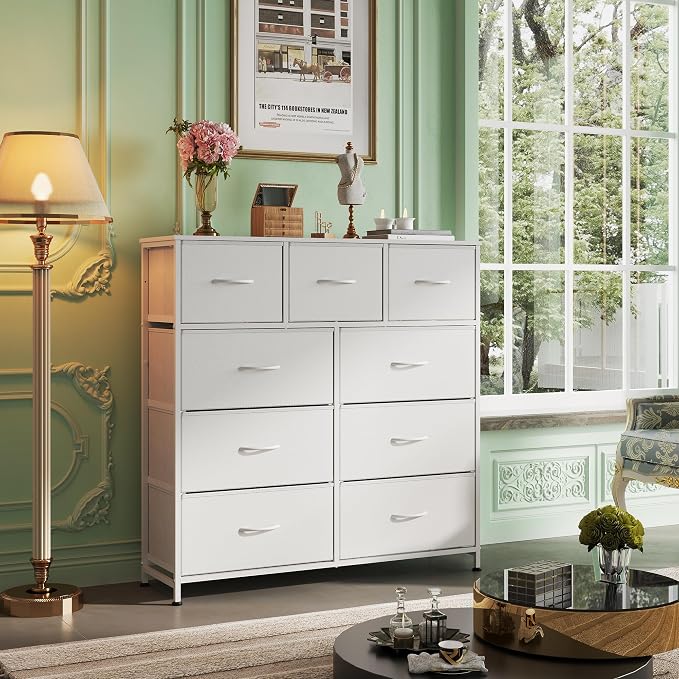 WLIVE 9-Drawer Dresser, Fabric Storage Tower for Bedroom, Hallway, Closet, Tall Chest Organizer Unit for Bedroom with Fabric Bins, Steel Frame, Wood Top, Easy Pull Handle, White - Image 2