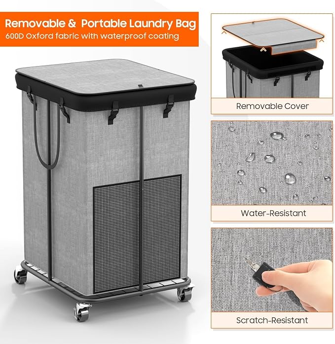160L Laundry Hamper with Lid, Rolling Laundry Basket with Wheels, Large & Tall Dirty Clothes Hamper with Metal Frame and Removable Bag for Bedroom Aesthetic, Laundry Room, Bathroom, Dorm-Grey - Image 5
