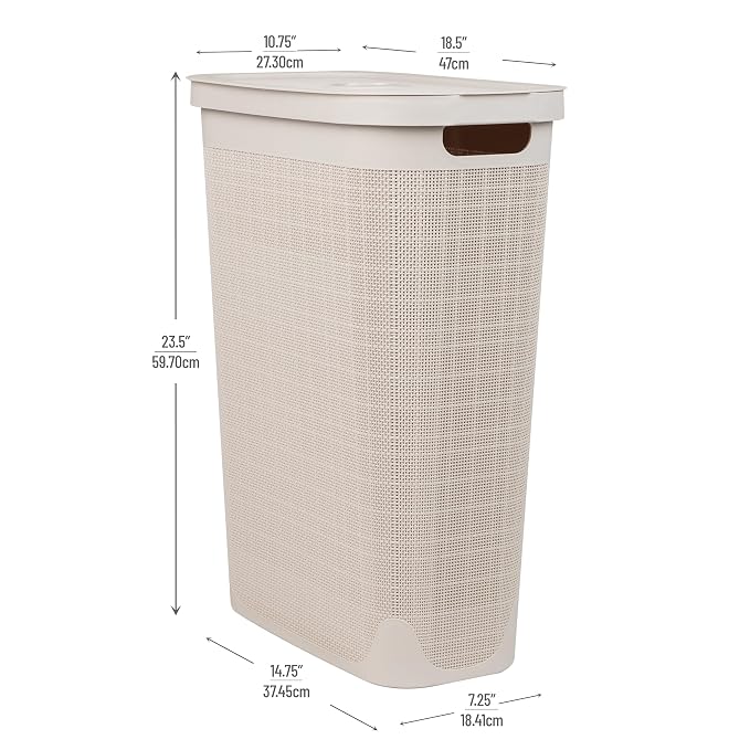Mind Reader Slim Laundry Hamper with Lid, 40L Clothes Basket, Linen Design, Plastic, Ivory - Image 3