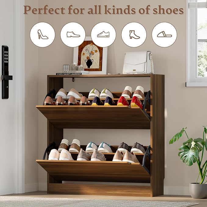 BORNOON Shoe Cabinet with 2 Flip Drawers, Slim Narrow Shoe Storage Cabinet, Freestanding Shoe Organizer with Adjustable & Removable Shelves, Top Display Shelf for Entryway, Hallway, Foyer, Closet - Image 4
