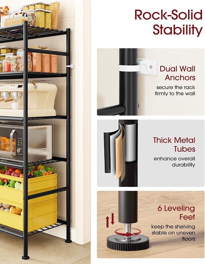 Sakugi Storage Shelves - 5-Tier Heavy Duty Garage Shelving Units with Leveling Feet & Wall Anchor, Large-Capacity Metal Shelf for Garage, Pantry, Kitchen, 59.1" x 15.7" x 69.2", Black - Image 6