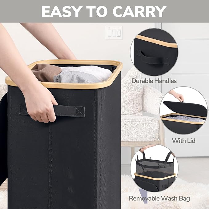 Goodpick Laundry Basket with Wheels, 100L Rolling Laundry Hamper with Lid Clothes Hampers with Removable Wash Bag Large Clothes Basket for Bedroom, Bathroom, Black - Image 5
