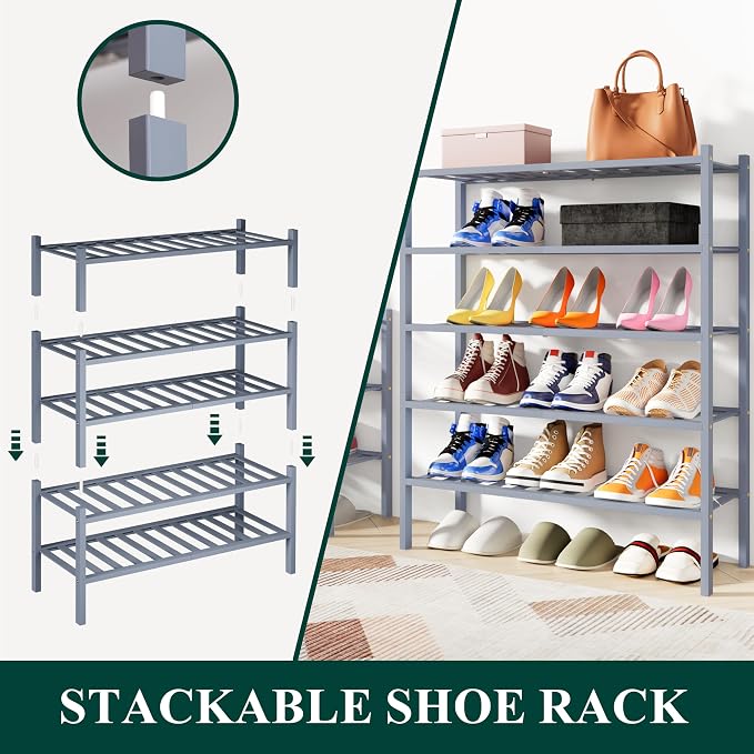 Smiry Shoe Rack, 3 Tier Bamboo Shoe Organizer, Stackable Free Standing Wooden Shoe Storage Shelf for Closet, Entryway, Front Door Entrance, Grey - Image 4