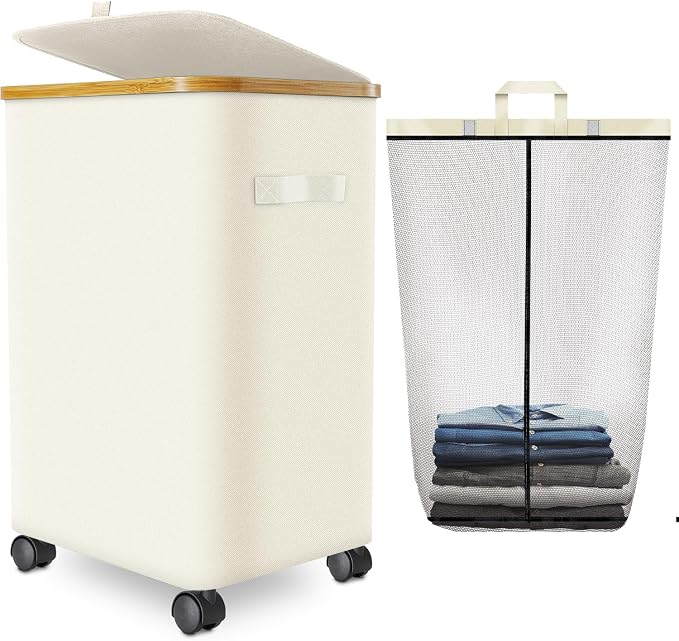 Laundry Hamper with Wheels,20 Gal (75L) Laundry Basket with lid Rolling Clothes Hamper Foldable Dirty Clothes Basket on wheels with Bamboo Frame and Bag for Bedroom, Dorm, Laundry Room-Off White by Wuevu