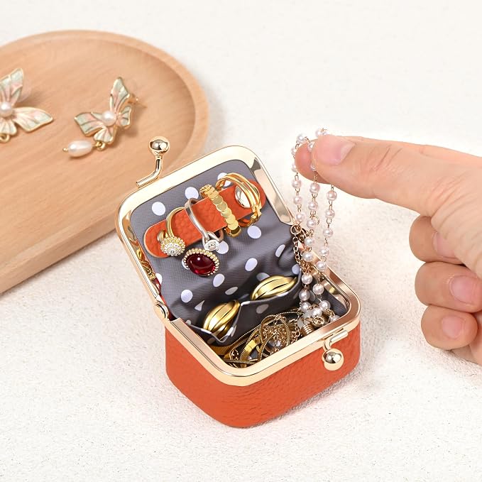 Zivyes Mini Jewelry Box Travel Small Coin Purse Organizer Case Genuine Leather Tiny Size (Orange) - Image 4